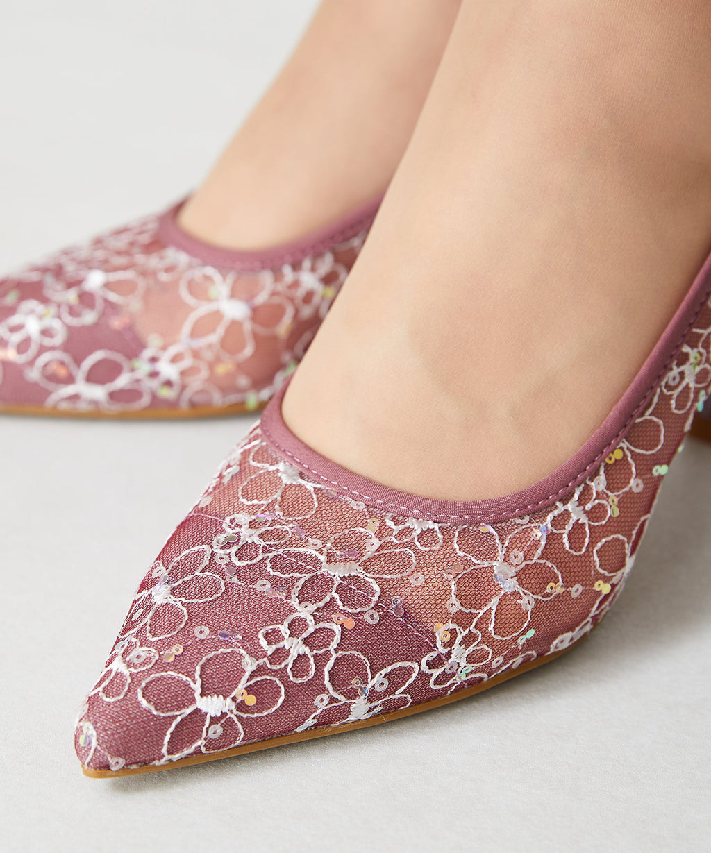 レース刺繍ポインテッドトゥパンプス/MOR102【結婚式/オケージョン/パーティー】
